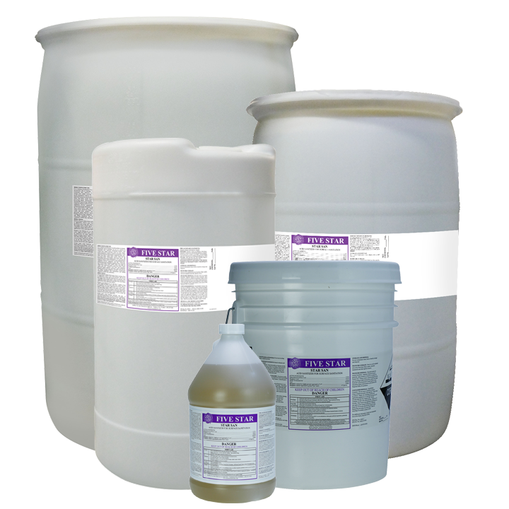 A collection of containers of various sizes containing Five Star Chemical's Star San sanitizer